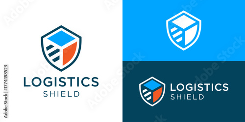 Creative simple logistics shield logo template. Safe delivery symbol Fast shipping logo design vector illustration.
