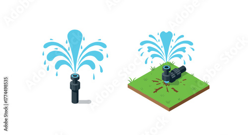 Isometric garden sprinkler system with water sprays on grass patch