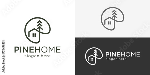 Creative simple pine home logo template. Pine tree with home house cottage logo design vector illustration.