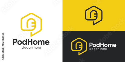 Creative simple pod home logo template. Podcast symbol with home and bubble chat, interview house logo design vector illustration.