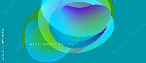 Abstract fluid shapes overlap, creating vibrant color gradients. Teal background complements flowing design elements. Modern aesthetic.