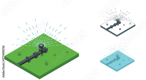 Isometric garden sprinkler system on grass with water spray variations