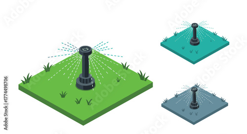 Isometric garden sprinkler with water spray on grass patches