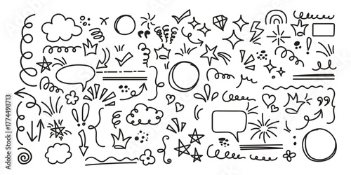 Line cute element set. Hand-drawn sketch doodle style arrow, cloud, star with marker stroke pencil highlight. Doodle sketch heart, star, cloud cartoon sticker shapes