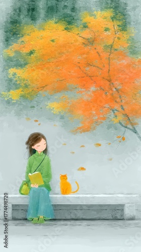 A girl reading under an autumn tree with a cat beside her.