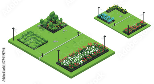 Isometric garden design with irrigation system for efficient plant care