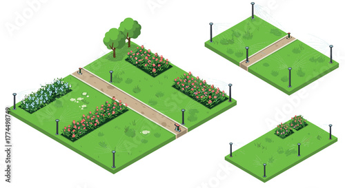 Isometric garden design with sprinkler system and pathway for landscape planning