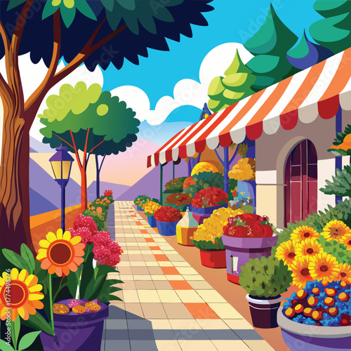 Colorful Flower Shop on a Sunny Day storefront flowers