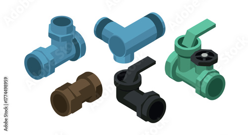 Isometric pipe fittings collection: diverse connectors with valves and joints…