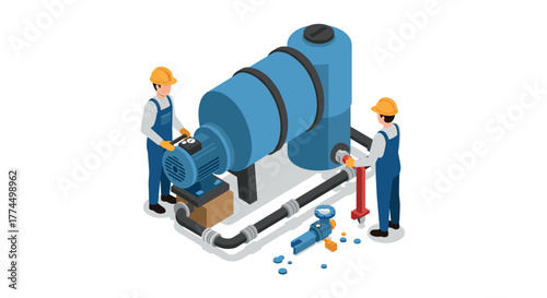 Isometric industrial workers operating machinery in a manufacturing setting