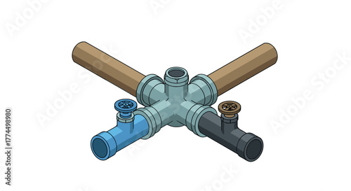 Isometric plumbing pipes with valves in cross layout on white background