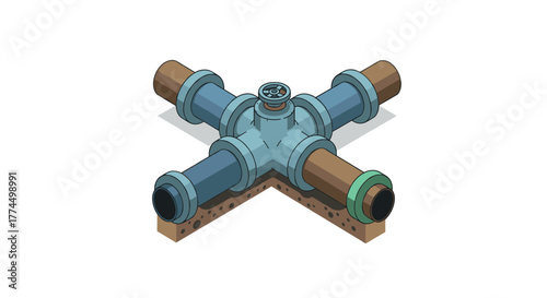 Isometric cross pipe connection with valves and fittings on white background