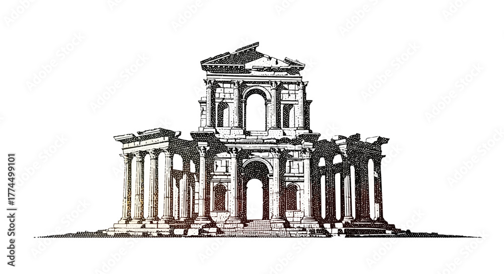 Fototapeta premium Ancient Roman Temple Ruins Sketch on White Background.