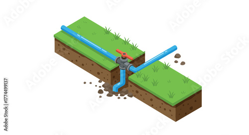 Cross-section of isometric ground with underground water pipe and valve