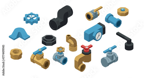 Isometric plumbing tools and valves set for home renovation and repair projects