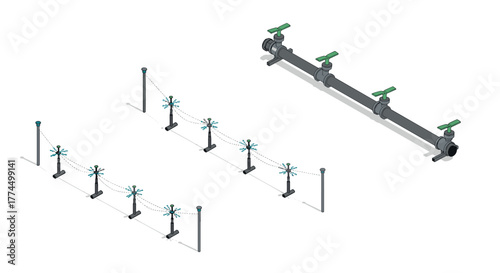 Isometric industrial pipeline and valve system with safety barriers