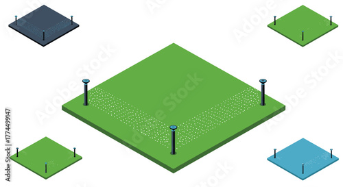 Isometric tennis court designs in various colors