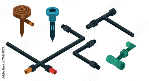 Modern isometric garden irrigation system with connectors and drippers