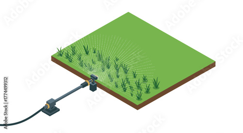Isometric garden irrigation system on grass plot with sprinkler