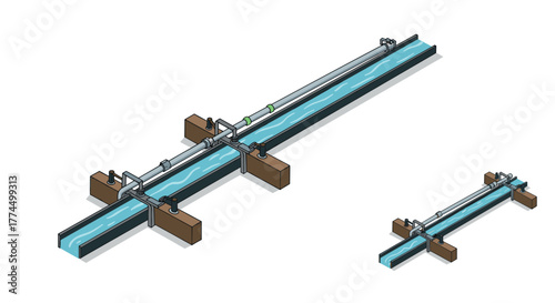 Isometric water pipeline system with flowing fluid and support structures