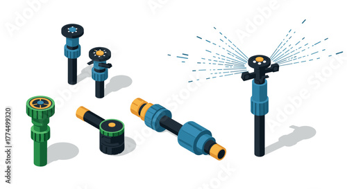Isometric garden sprinkler and hose connectors set on white background
