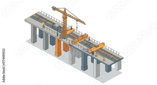 Isometric urban bridge construction scene with cranes and workers mid-project