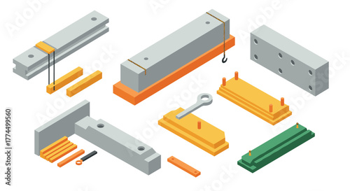 Isometric industrial components: concrete and metal structures with hooks and…