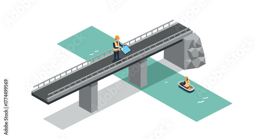 Isometric bridge construction with engineers and boat scene