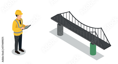 Engineer analyzing bridge design blueprint with digital tablet in isometric s…