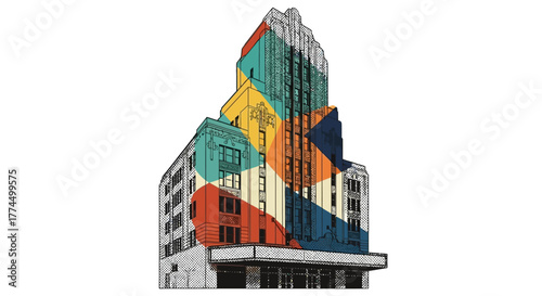 Colorful Abstract Art Mural on Modern Skyscraper Building Facade.