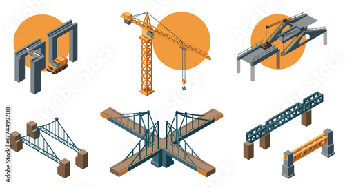 Isometric construction elements and bridge designs with orange accent circles