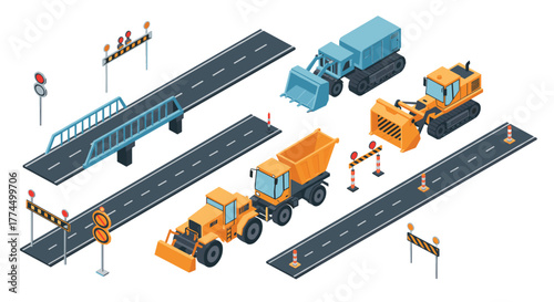Isometric construction vehicles and road elements for infrastructure projects