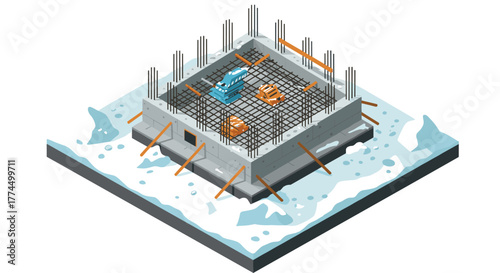 Isometric concrete foundation construction with steel reinforcement bars