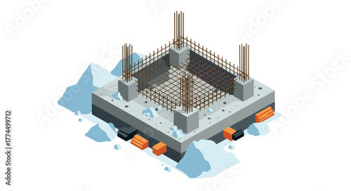 Isometric construction foundation with steel reinforcement and concrete slab