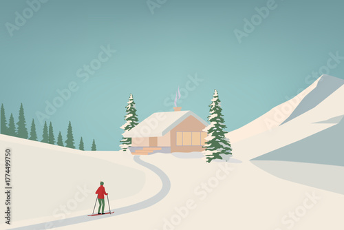 Scenic winter vector landscape featuring a mountain ski lodge, snowy pine trees, and a skier enjoying the slopes under a clear sky. For illustrating winter vacations, outdoor sports, mountain rest