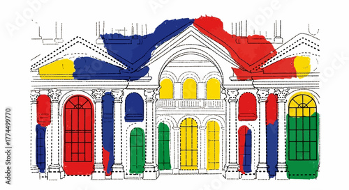 Architectural Sketch with Vibrant Paint Splashes.