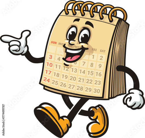 Calendar mascot cartoon is walking and finds an idea