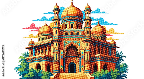 Vibrant Ornate Mosque Illustration with Golden Domes.