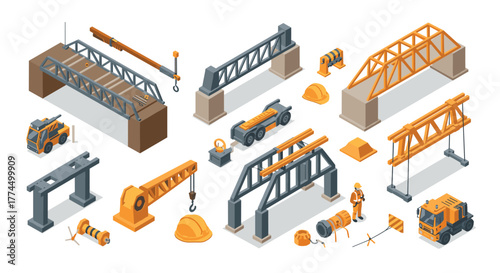 Isometric construction elements with cranes, bridges, and equipment in indust…
