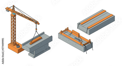 Isometric construction scene with crane and concrete slabs