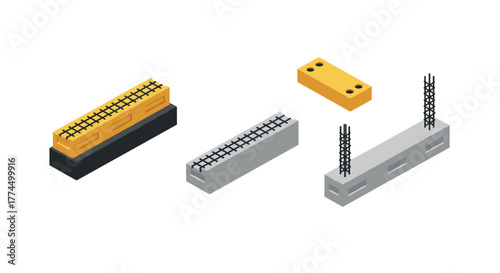 Isometric construction elements: concrete beams and blocks