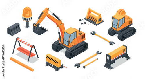 Isometric construction equipment set: diggers, barriers, and tools for buildi…