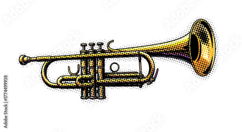 Detailed illustration of a brass trumpet musical instrument.