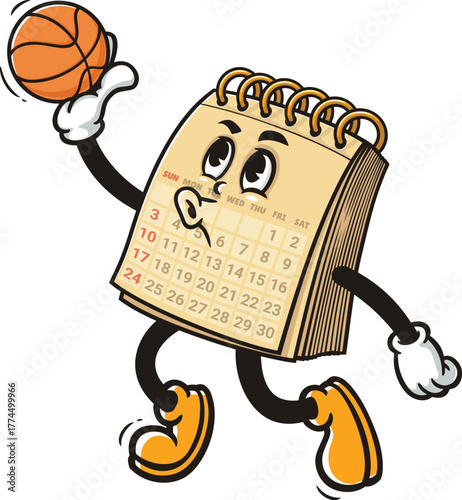 Cartoon mascot of calendar playing slam dunk basketball