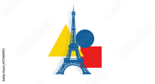 Eiffel Tower with Geometric Shapes in Primary Colors.