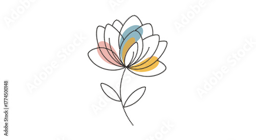 Minimalist line art flower with colorful watercolor accents.