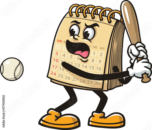 Calendar mascot cartoon playing baseball