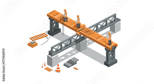 Isometric construction site with workers building a bridge