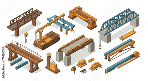 Isometric construction equipment and bridge elements set for engineering proj…