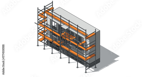 Isometric construction scaffolding on building facade with orange platforms